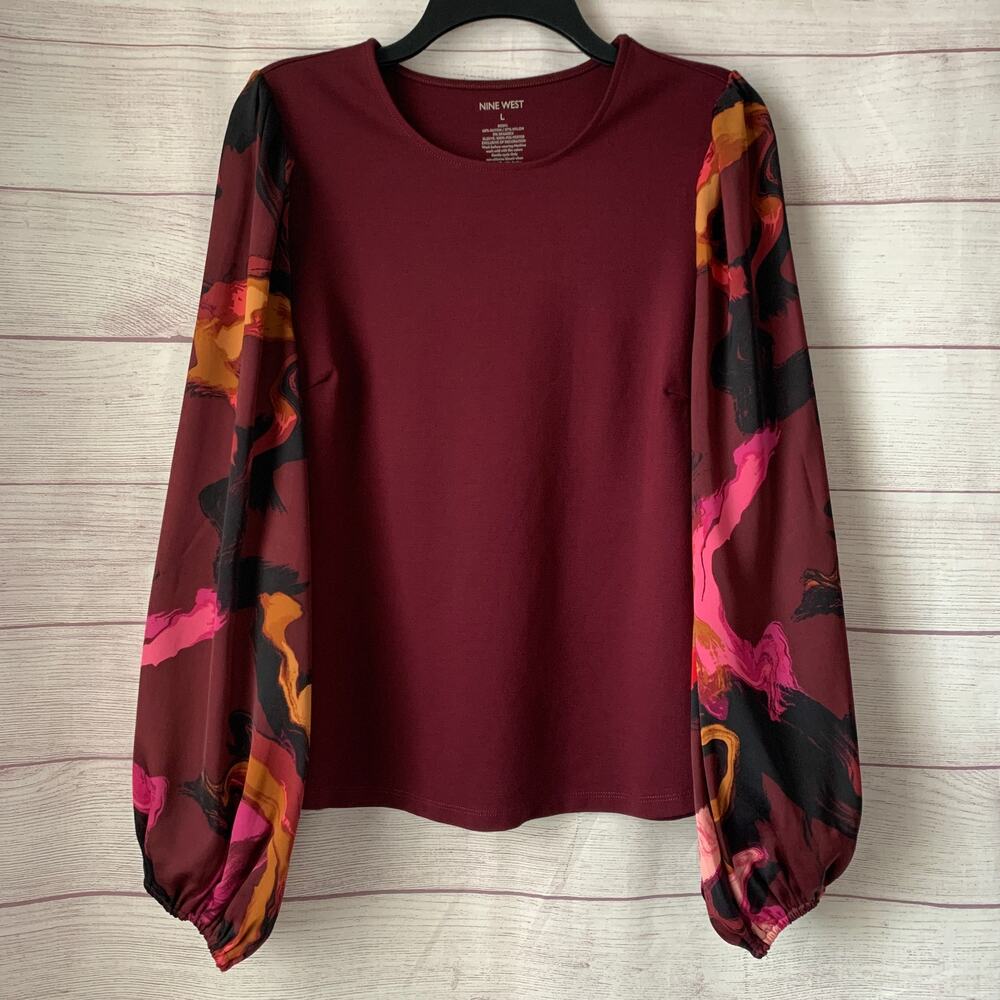 Nine West Burgundy Blouse Abstract Colorful Balloon Sleeves Size L